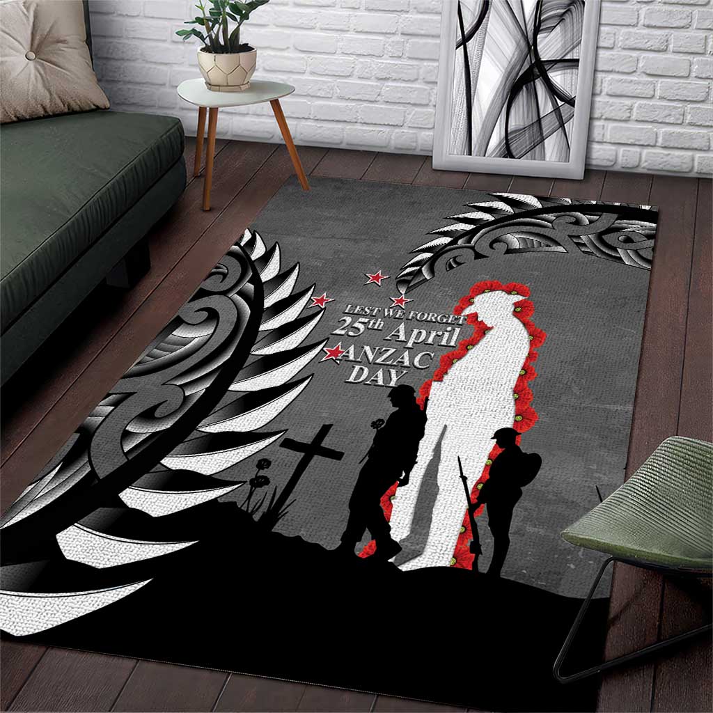 New Zealand ANZAC Day Area Rug 25th April Silver Fern With Poppy