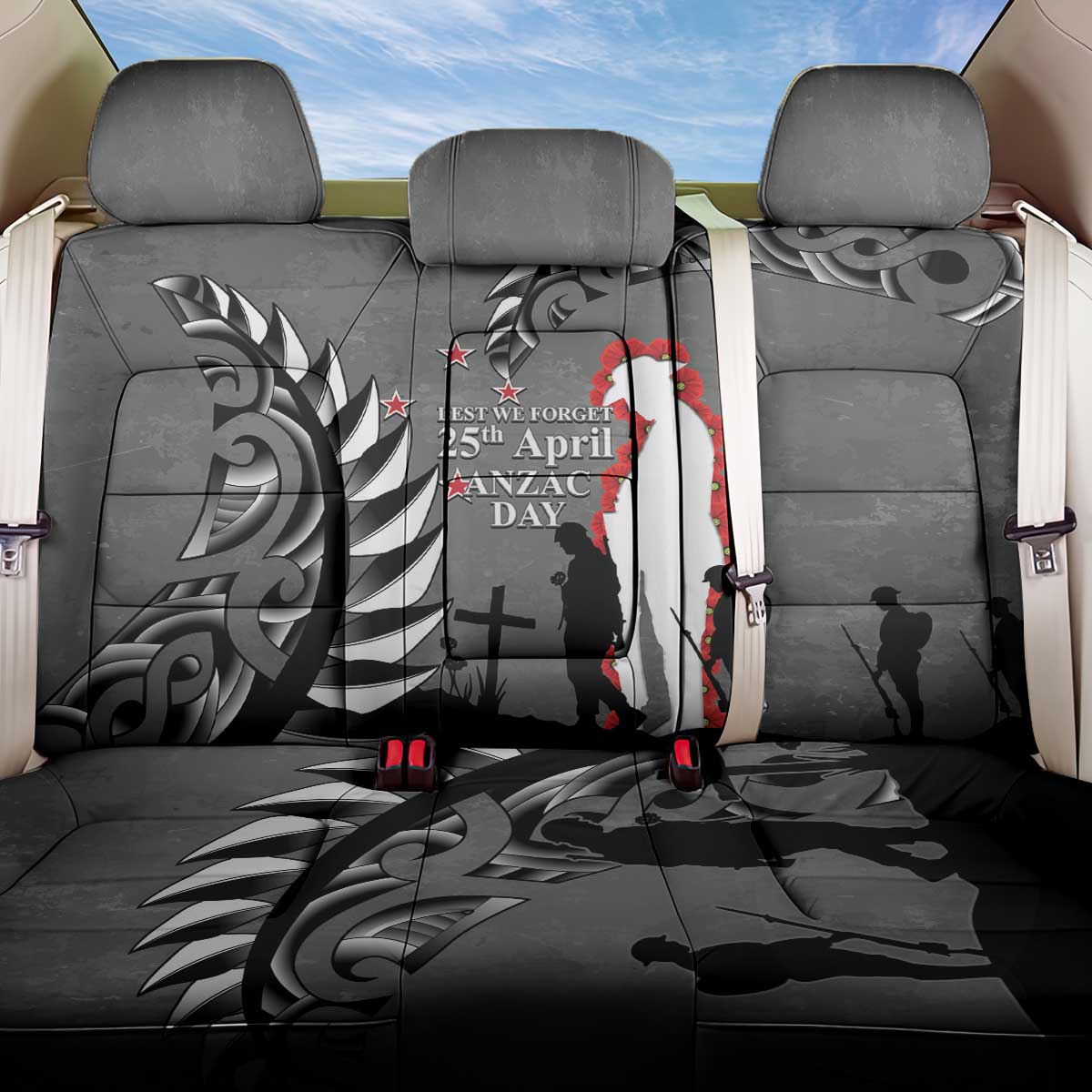 New Zealand ANZAC Day Back Car Seat Cover 25th April Silver Fern With Poppy