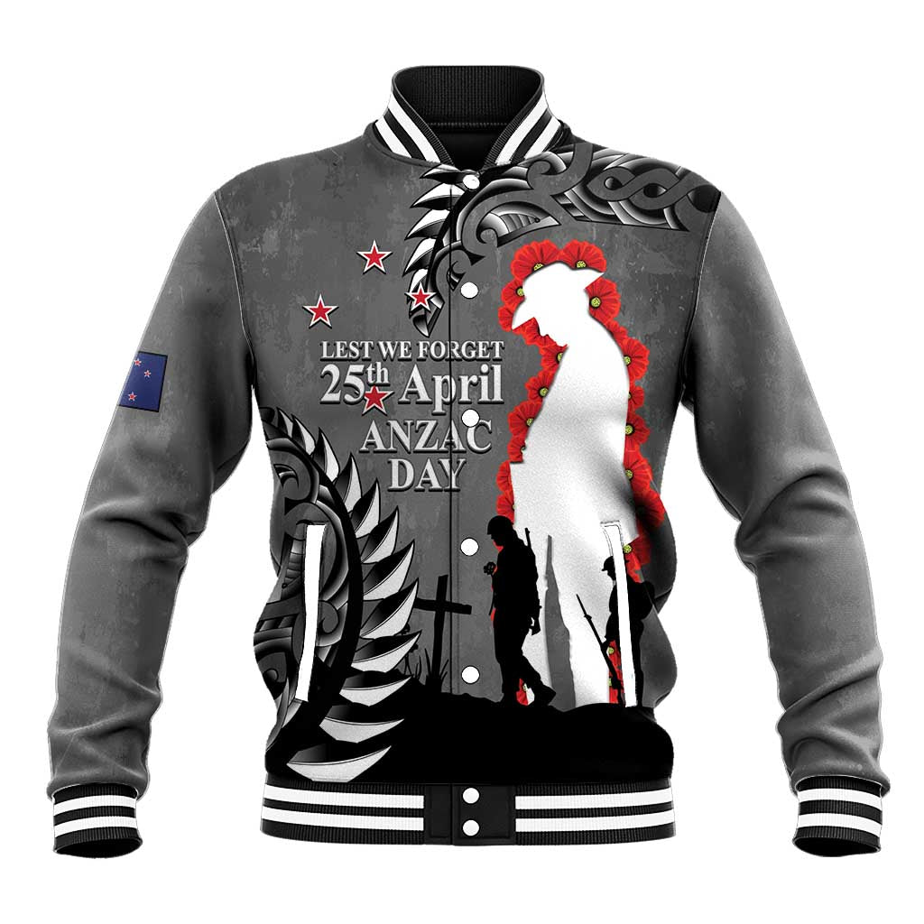 New Zealand ANZAC Day Baseball Jacket 25th April Silver Fern With Poppy LT14 Unisex Gray - Polynesian Pride