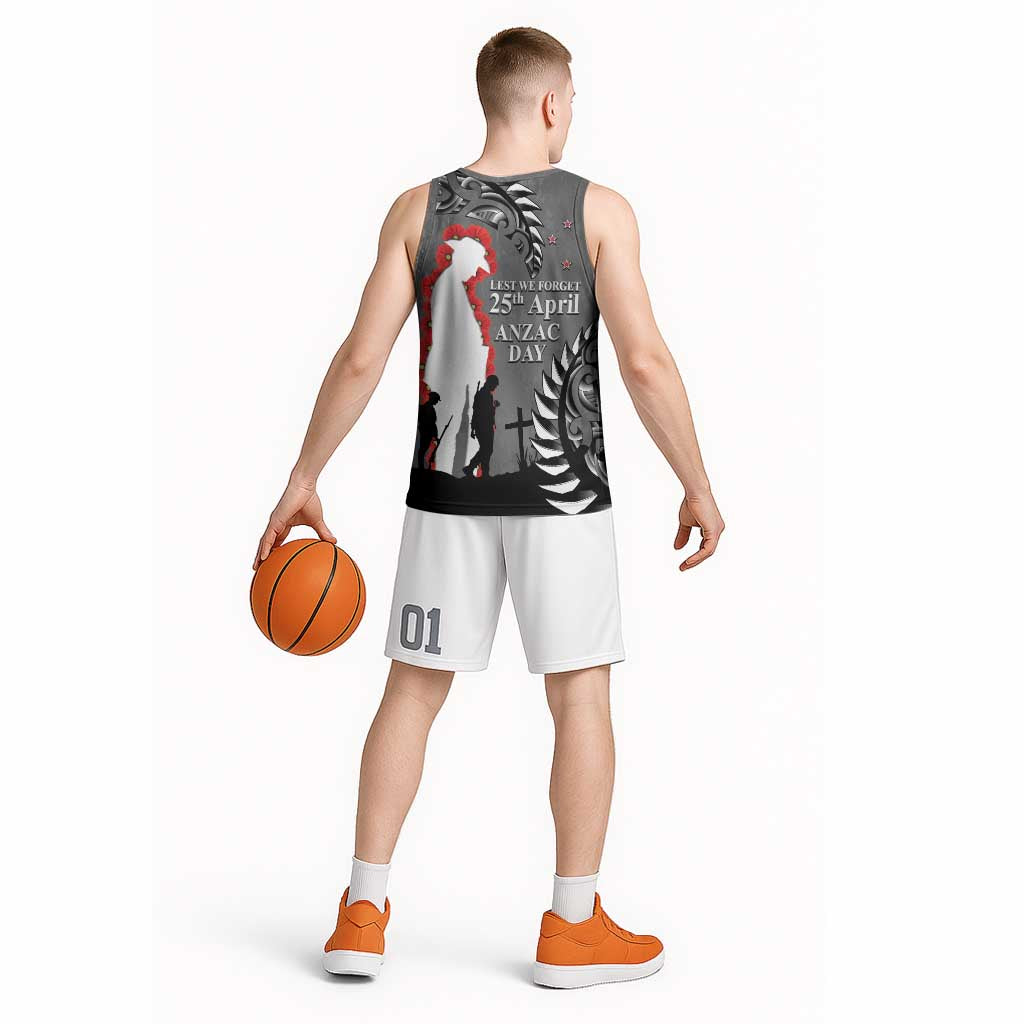 New Zealand ANZAC Day Basketball Jersey 25th April Silver Fern With Poppy - Polynesian Pride