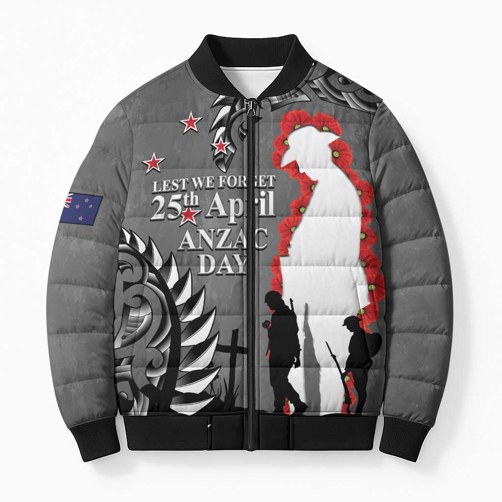 New Zealand ANZAC Day Bomber Puffer Jacket 25th April Silver Fern With Poppy - Polynesian Pride