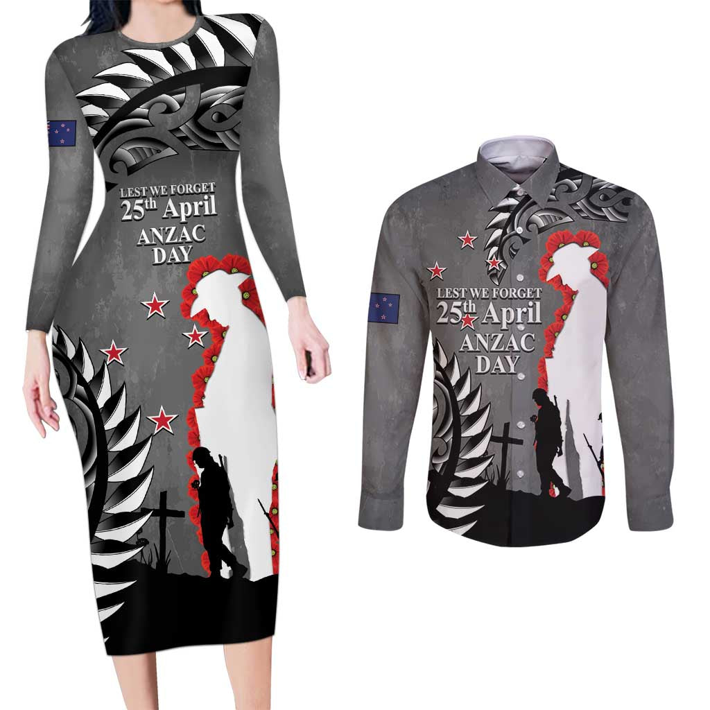 New Zealand ANZAC Day Couples Matching Long Sleeve Bodycon Dress and Long Sleeve Button Shirt 25th April Silver Fern With Poppy