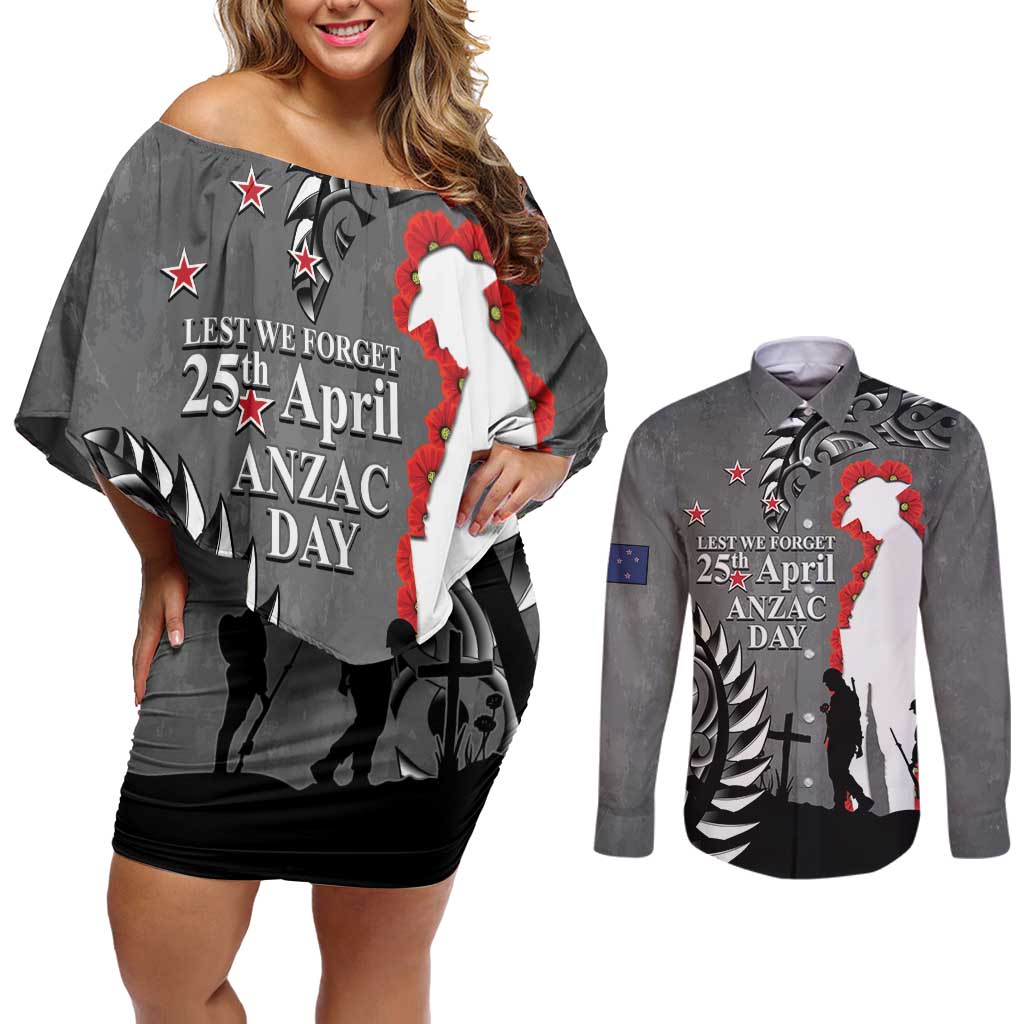 New Zealand ANZAC Day Couples Matching Off Shoulder Short Dress and Long Sleeve Button Shirt 25th April Silver Fern With Poppy LT14 Gray - Polynesian Pride