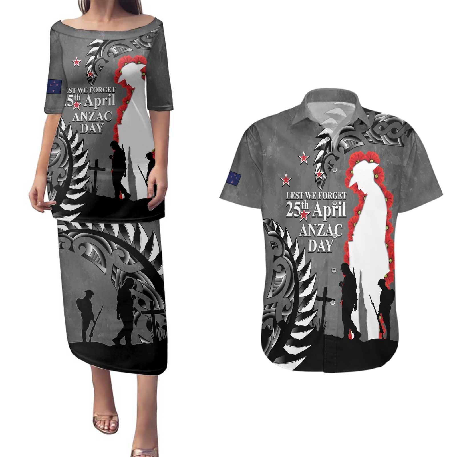 New Zealand ANZAC Day Couples Matching Puletasi and Hawaiian Shirt 25th April Silver Fern With Poppy