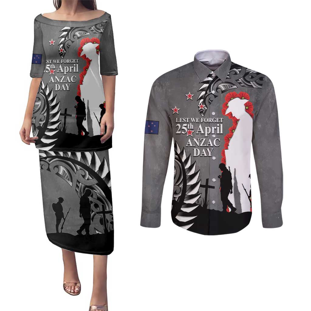 New Zealand ANZAC Day Couples Matching Puletasi and Long Sleeve Button Shirt 25th April Silver Fern With Poppy LT14 Gray - Polynesian Pride