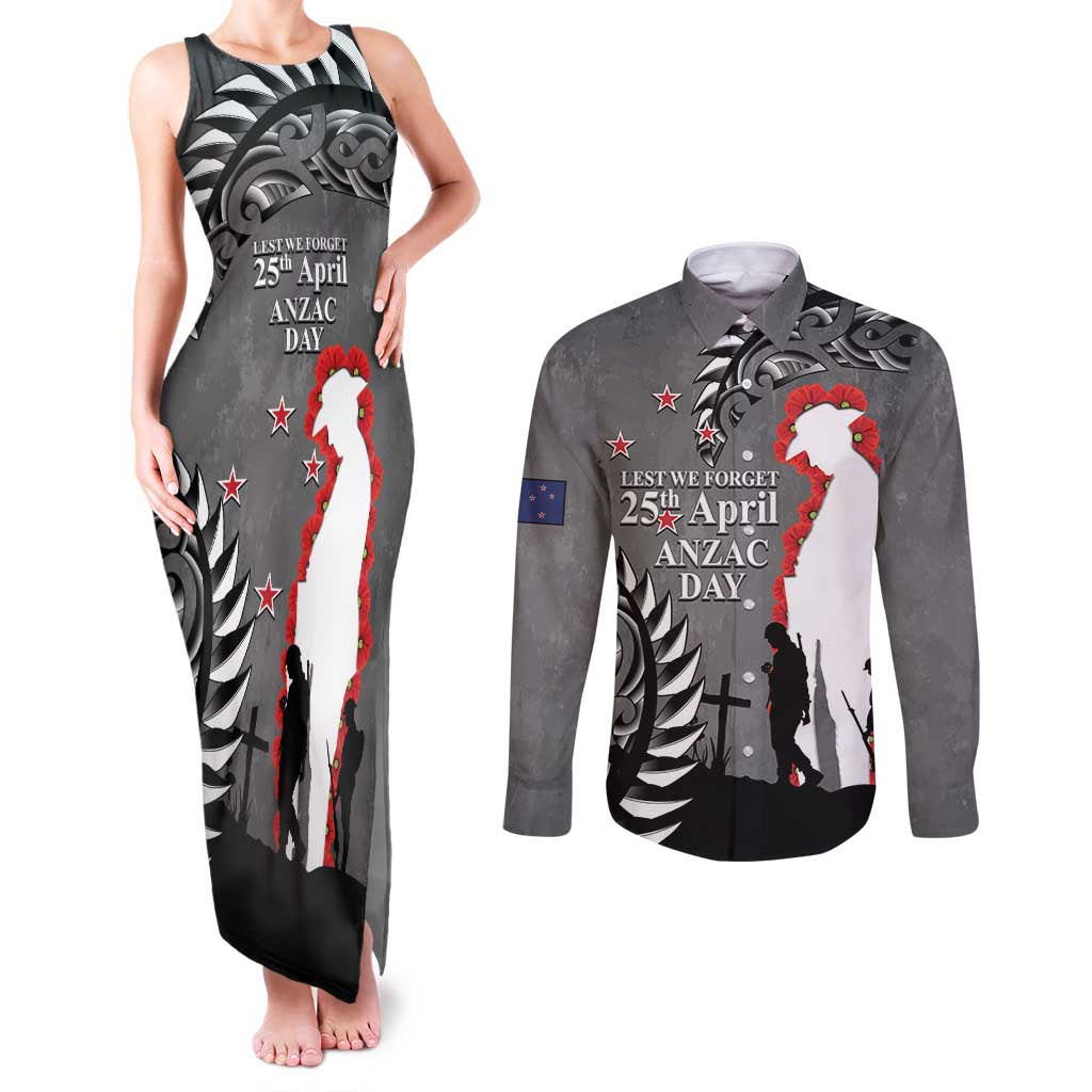 New Zealand ANZAC Day Couples Matching Tank Maxi Dress and Long Sleeve Button Shirt 25th April Silver Fern With Poppy