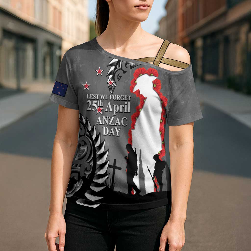 New Zealand ANZAC Day Cross Shoulder Shirt 25th April Silver Fern With Poppy - Polynesian Pride
