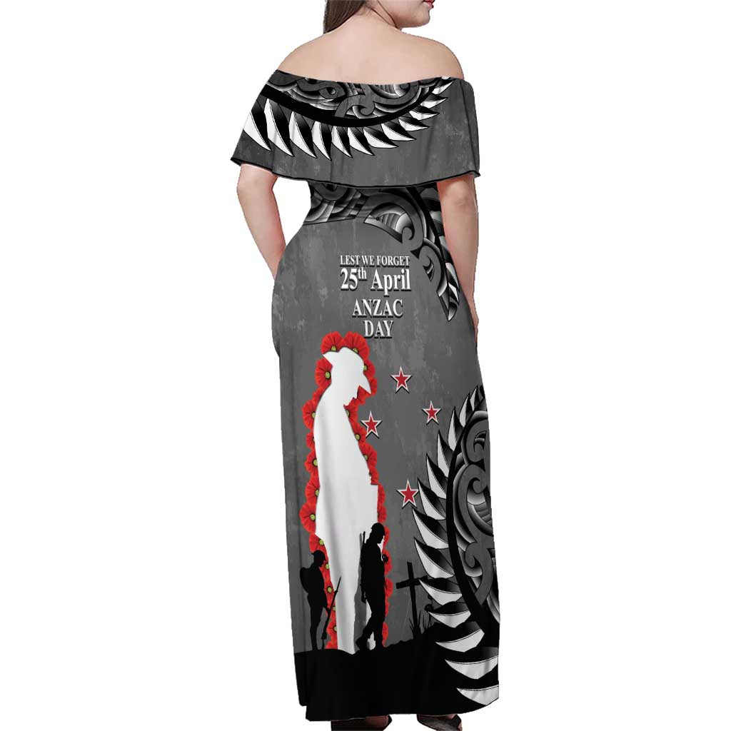 New Zealand ANZAC Day Family Matching Off Shoulder Maxi Dress and Hawaiian Shirt 25th April Silver Fern With Poppy