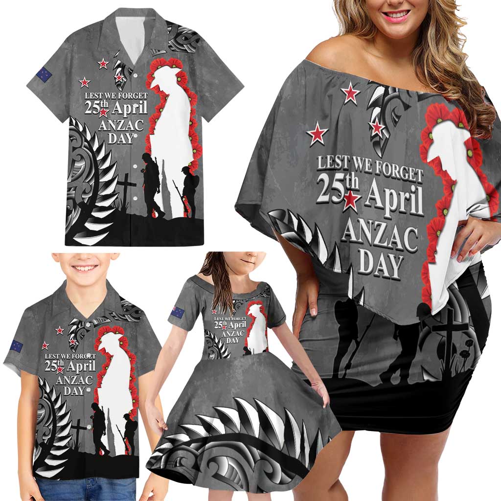 New Zealand ANZAC Day Family Matching Off Shoulder Short Dress and Hawaiian Shirt 25th April Silver Fern With Poppy