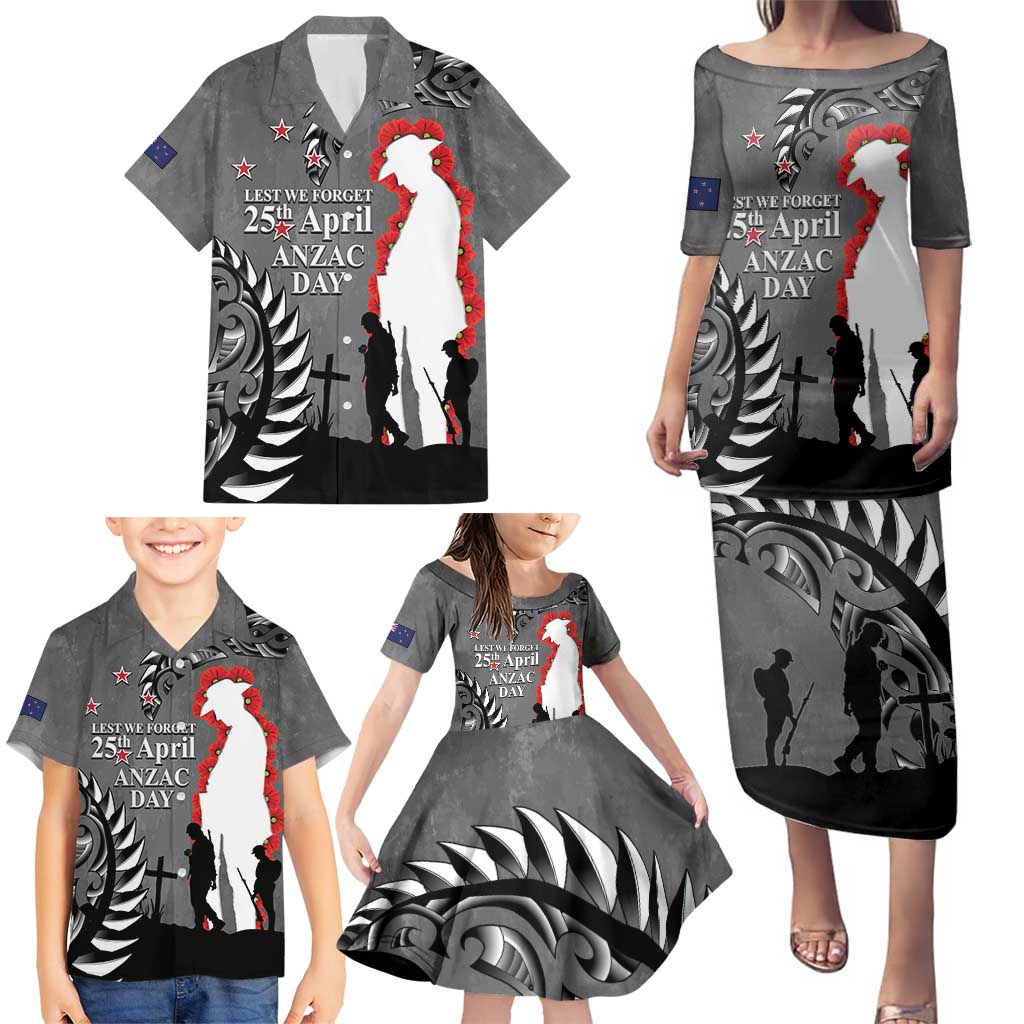 New Zealand ANZAC Day Family Matching Puletasi and Hawaiian Shirt 25th April Silver Fern With Poppy