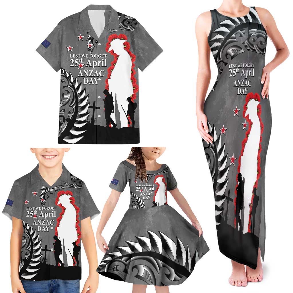 New Zealand ANZAC Day Family Matching Tank Maxi Dress and Hawaiian Shirt 25th April Silver Fern With Poppy