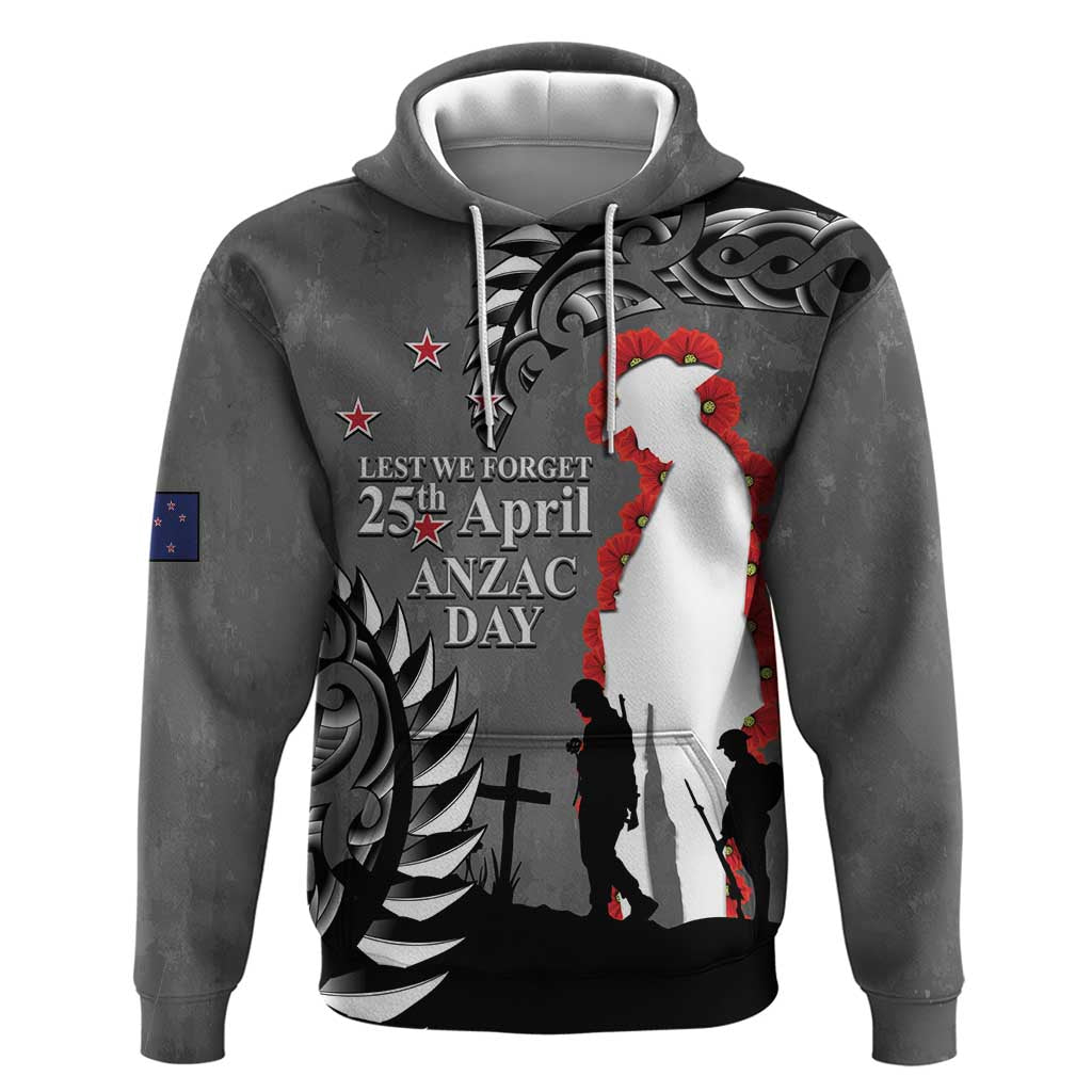 New Zealand ANZAC Day Hoodie 25th April Silver Fern With Poppy