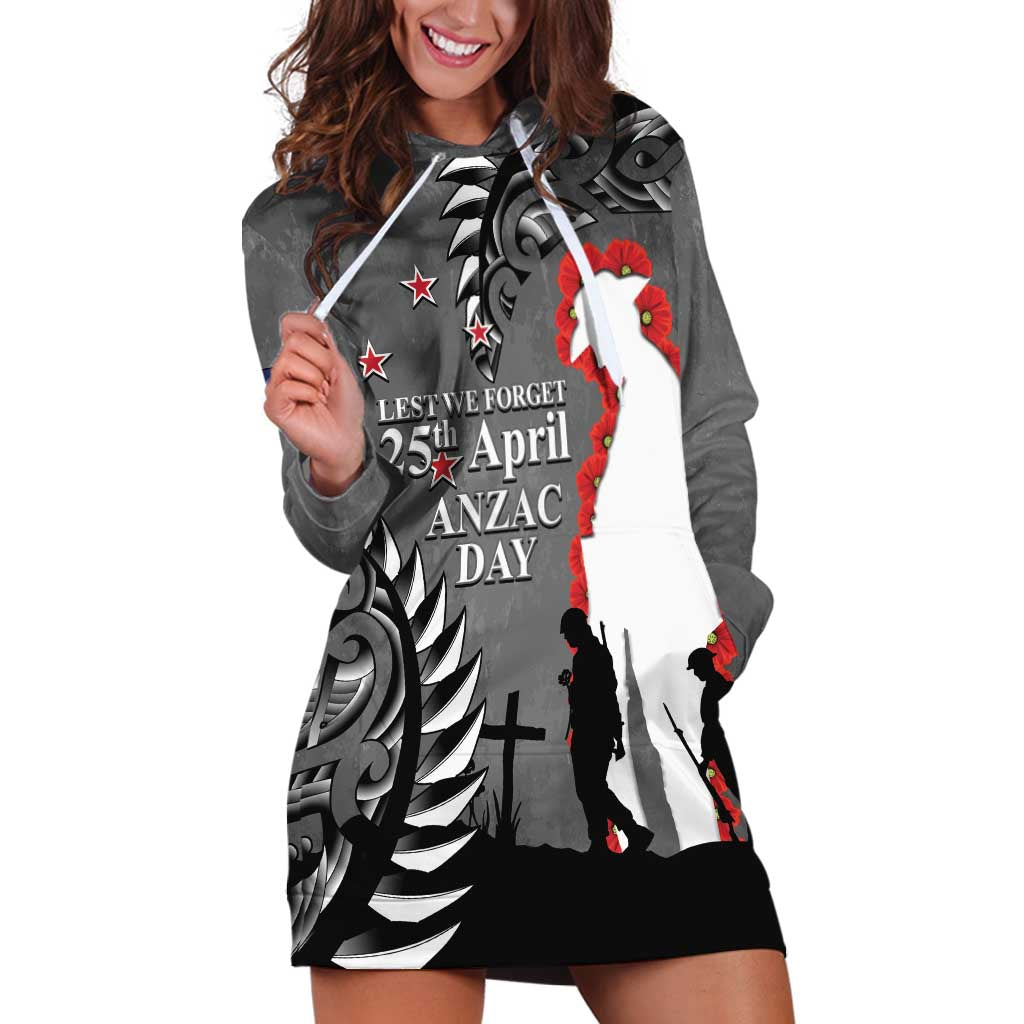 New Zealand ANZAC Day Hoodie Dress 25th April Silver Fern With Poppy