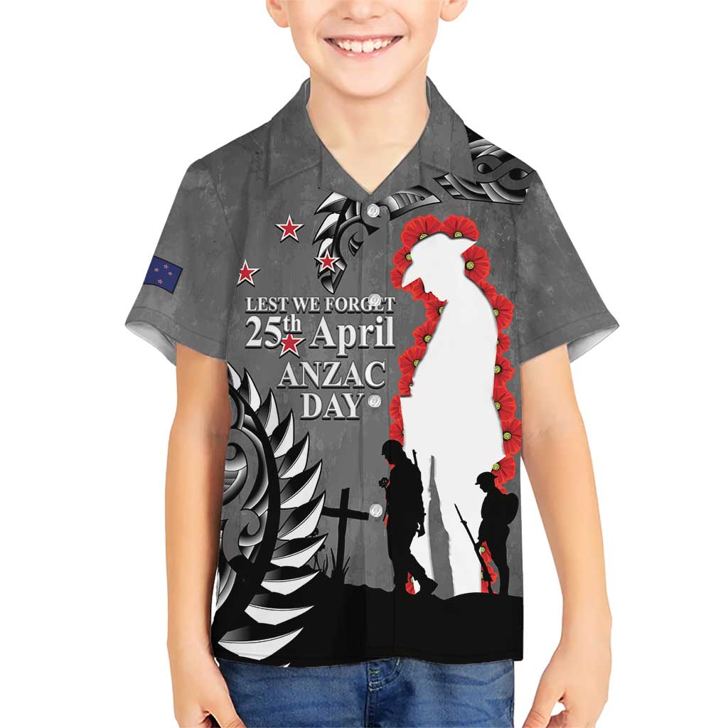 New Zealand ANZAC Day Kid Hawaiian Shirt 25th April Silver Fern With Poppy