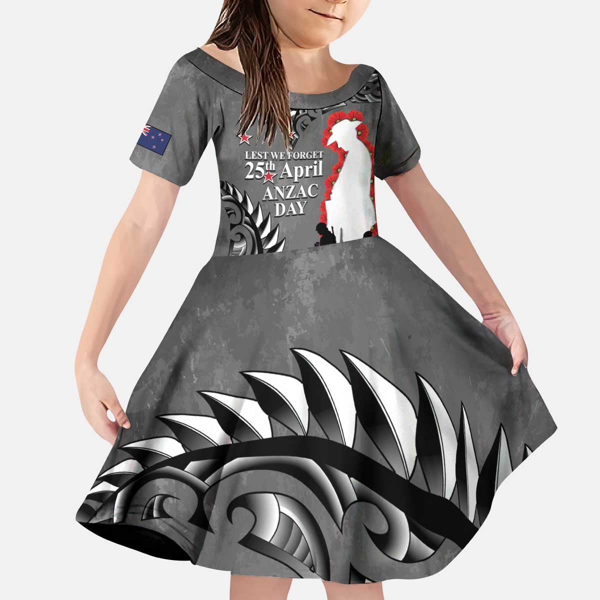 New Zealand ANZAC Day Kid Short Sleeve Dress 25th April Silver Fern With Poppy