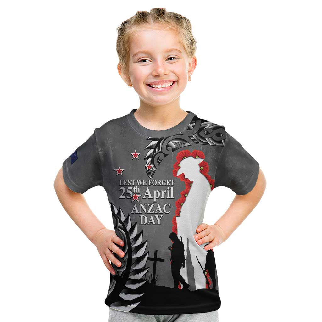 New Zealand ANZAC Day Kid T Shirt 25th April Silver Fern With Poppy