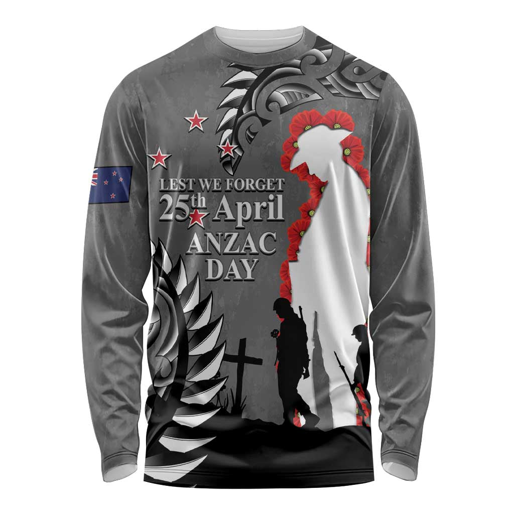 New Zealand ANZAC Day Long Sleeve Shirt 25th April Silver Fern With Poppy LT14 Unisex Gray - Polynesian Pride