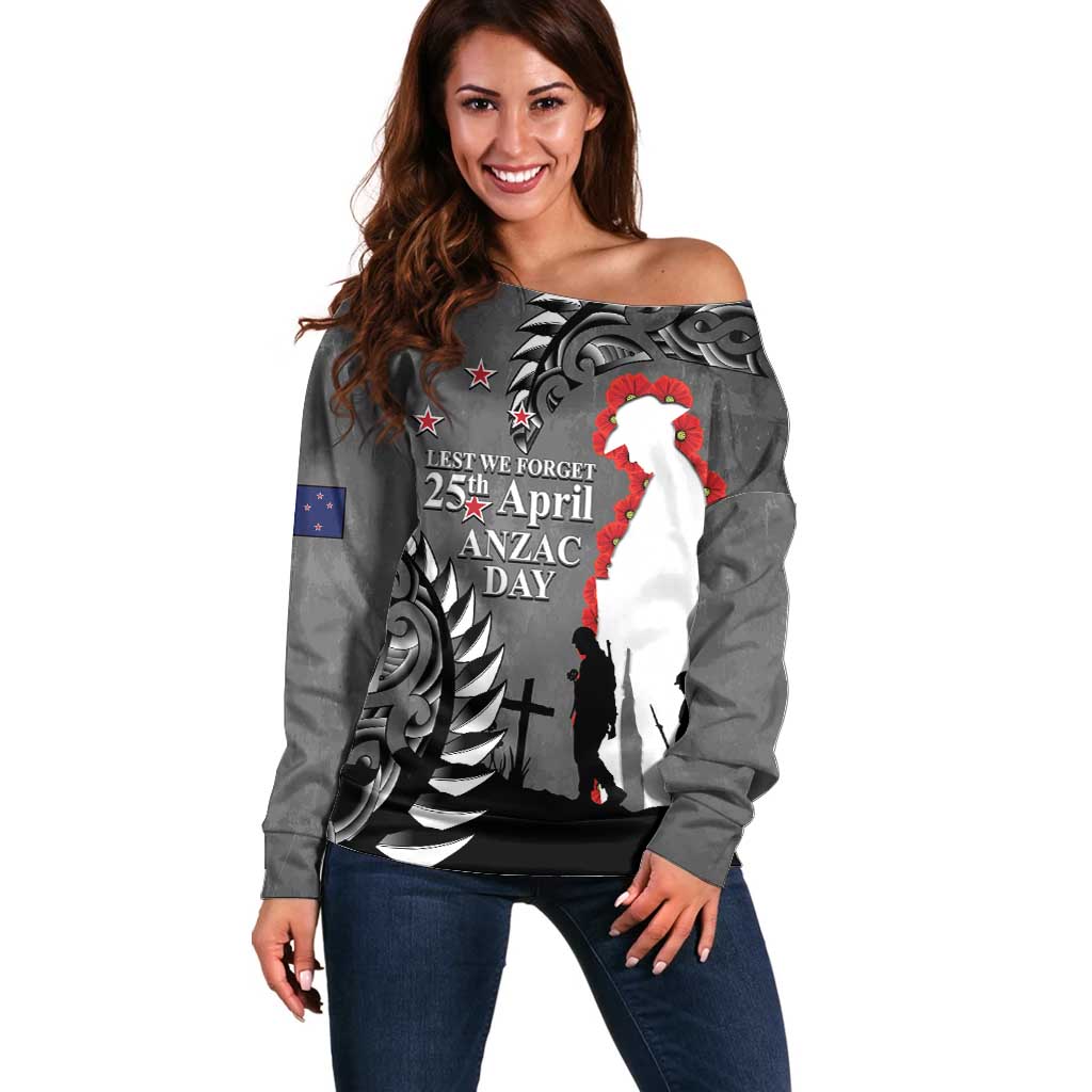 New Zealand ANZAC Day Off Shoulder Sweater 25th April Silver Fern With Poppy