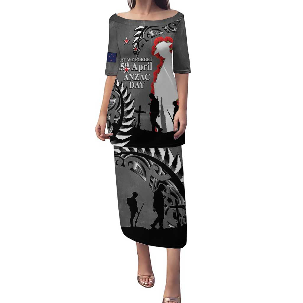New Zealand ANZAC Day Puletasi 25th April Silver Fern With Poppy LT14 Long Dress Gray - Polynesian Pride
