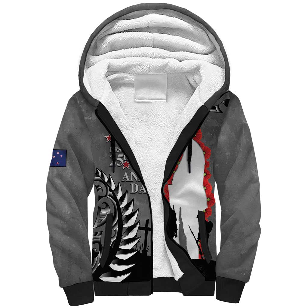 New Zealand ANZAC Day Sherpa Hoodie 25th April Silver Fern With Poppy