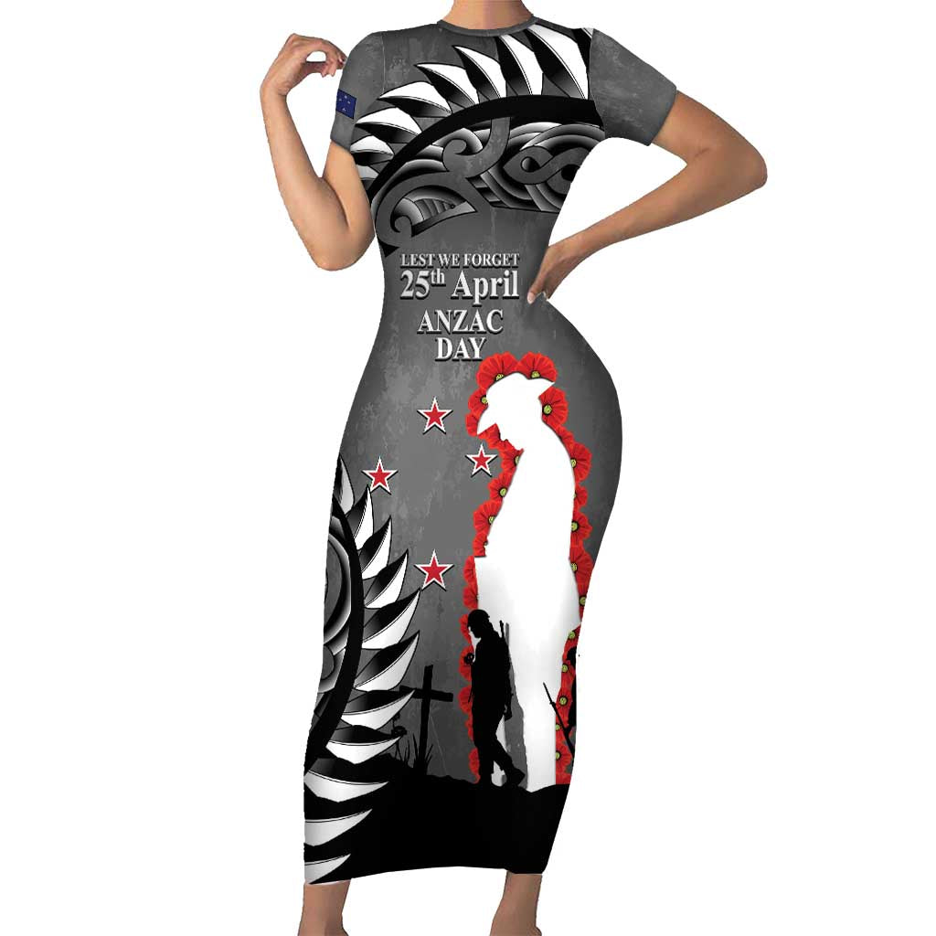 New Zealand ANZAC Day Short Sleeve Bodycon Dress 25th April Silver Fern With Poppy