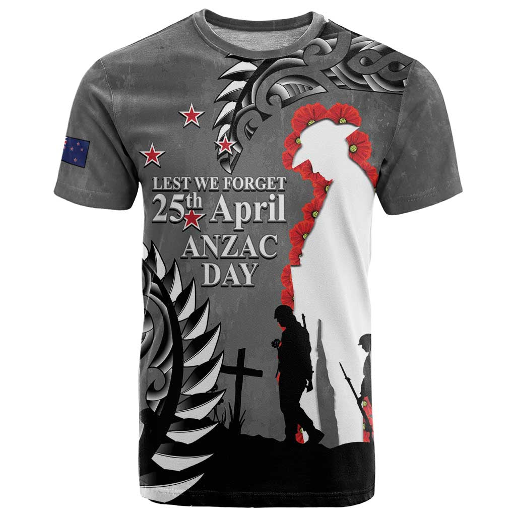 New Zealand ANZAC Day T Shirt 25th April Silver Fern With Poppy