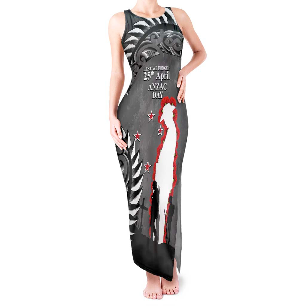 New Zealand ANZAC Day Tank Maxi Dress 25th April Silver Fern With Poppy