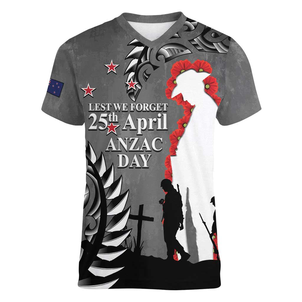 New Zealand ANZAC Day Women V-Neck T-Shirt 25th April Silver Fern With Poppy LT14 Female Gray - Polynesian Pride