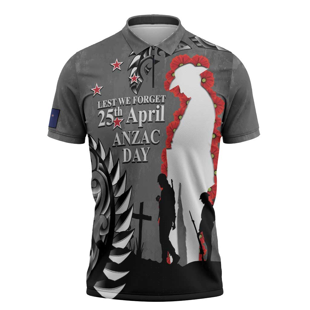 New Zealand ANZAC Day Zipper Polo Shirt 25th April Silver Fern With Poppy - Polynesian Pride
