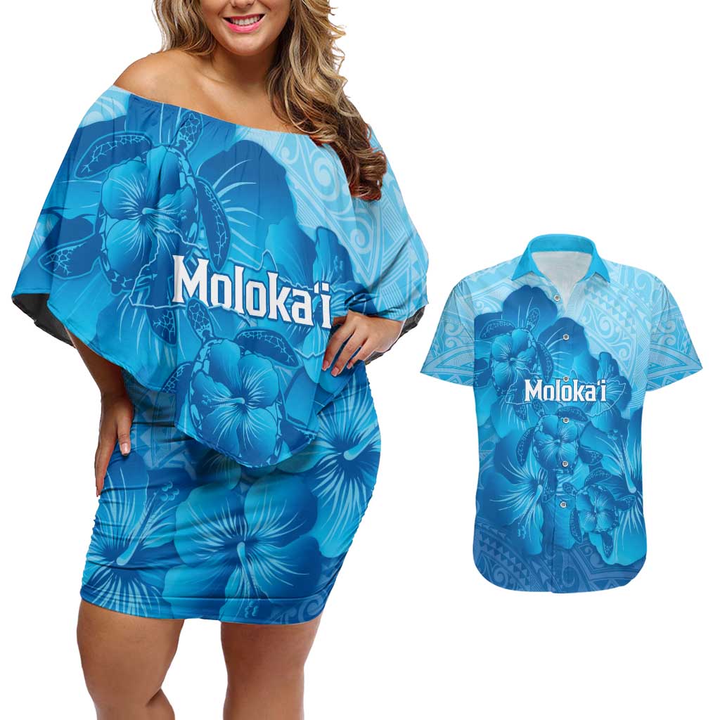 Aloha Hawaii Molokai Island Couples Matching Off Shoulder Short Dress and Hawaiian Shirt Hibiscus Tribal Honu Hawaiian Tattoo
