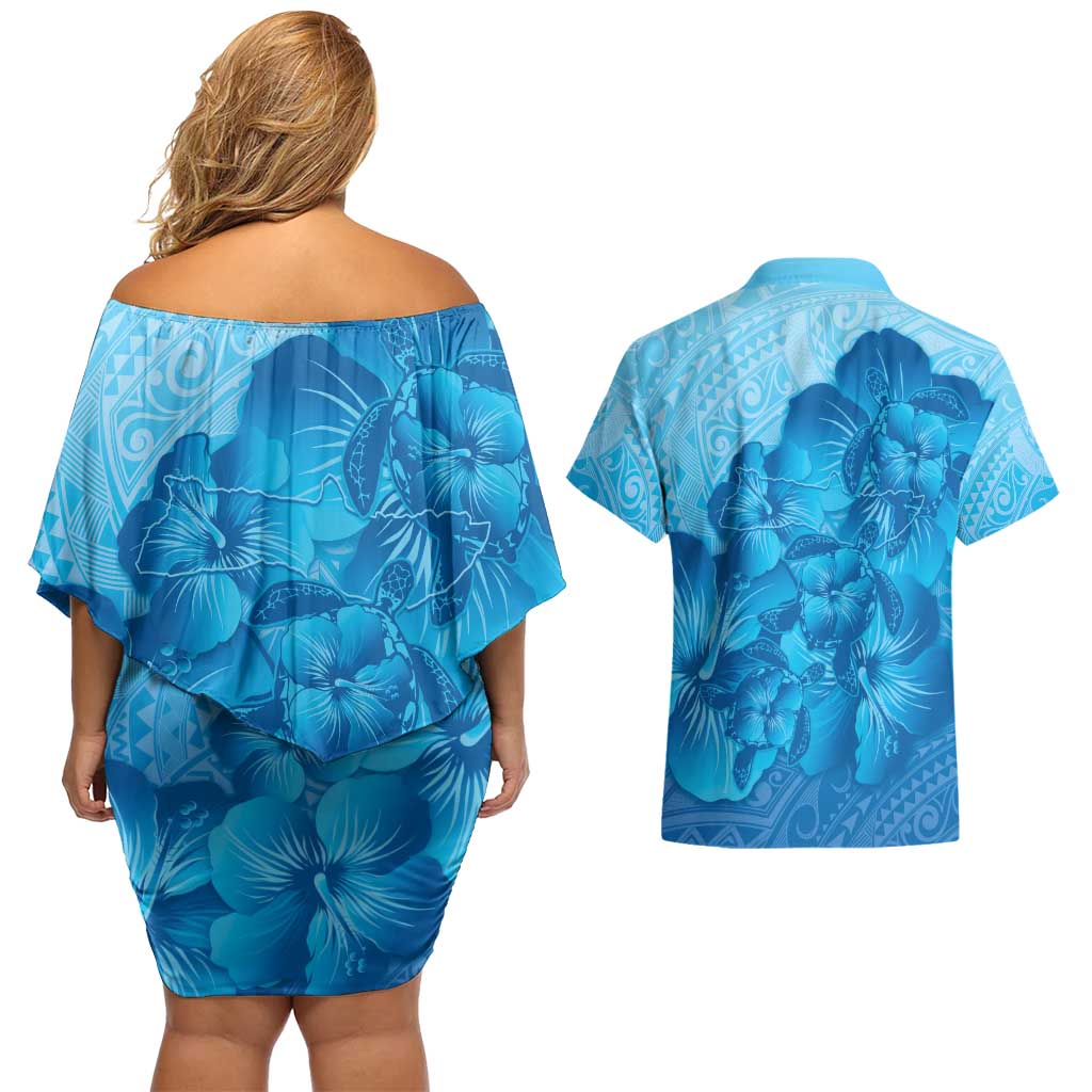 Aloha Hawaii Molokai Island Couples Matching Off Shoulder Short Dress and Hawaiian Shirt Hibiscus Tribal Honu Hawaiian Tattoo
