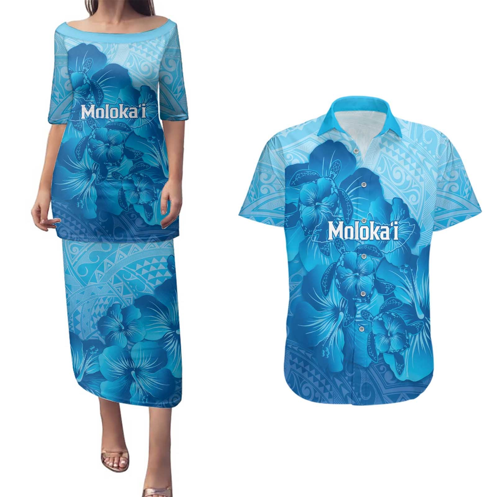 Aloha Hawaii Molokai Island Couples Matching Puletasi and Hawaiian Shirt Hibiscus Tribal Honu Hawaiian Tattoo