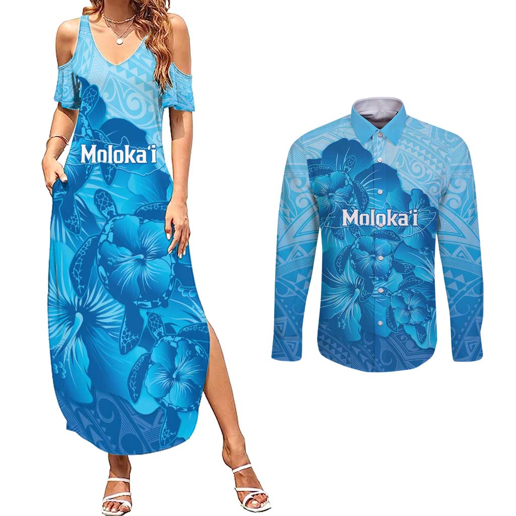 Aloha Hawaii Molokai Island Couples Matching Summer Maxi Dress and Long Sleeve Button Shirt Hibiscus Tribal Honu Hawaiian Tattoo