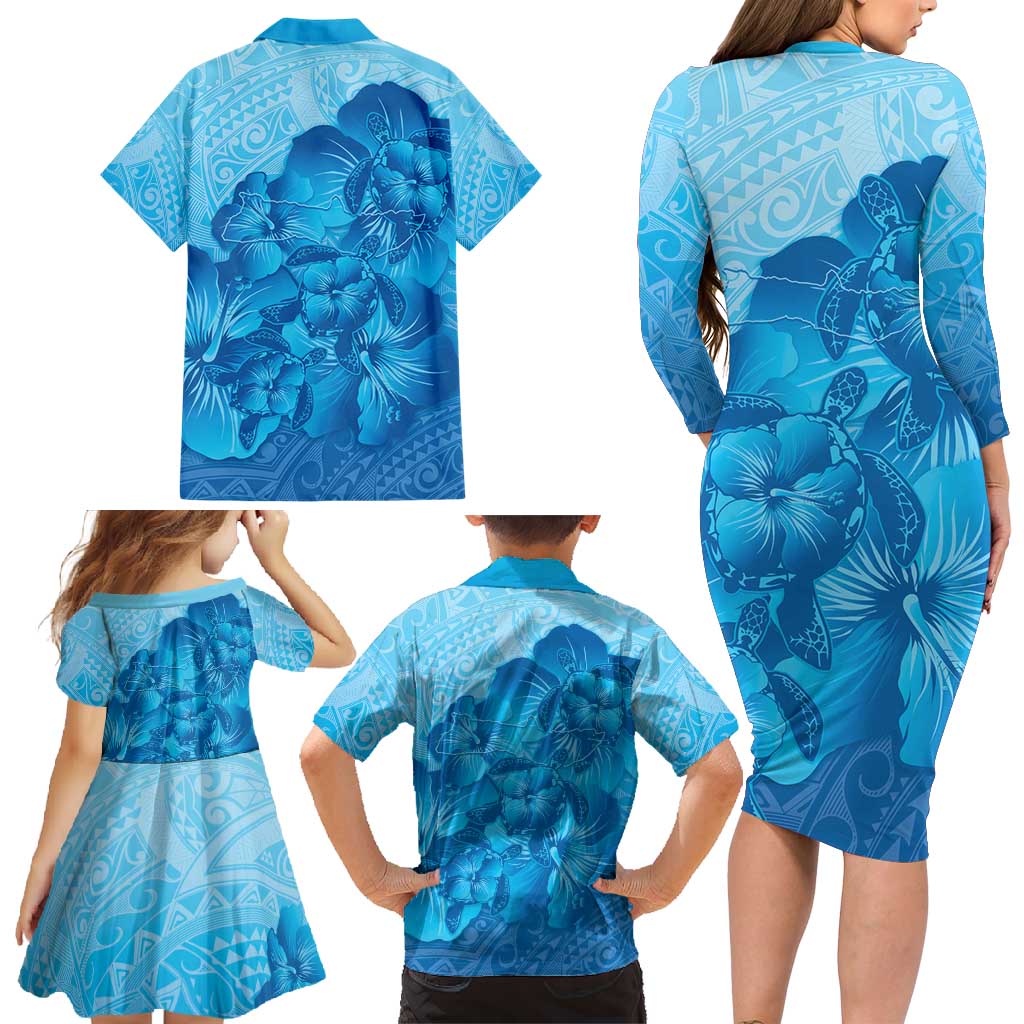 Aloha Hawaii Molokai Island Family Matching Long Sleeve Bodycon Dress and Hawaiian Shirt Hibiscus Tribal Honu Hawaiian Tattoo