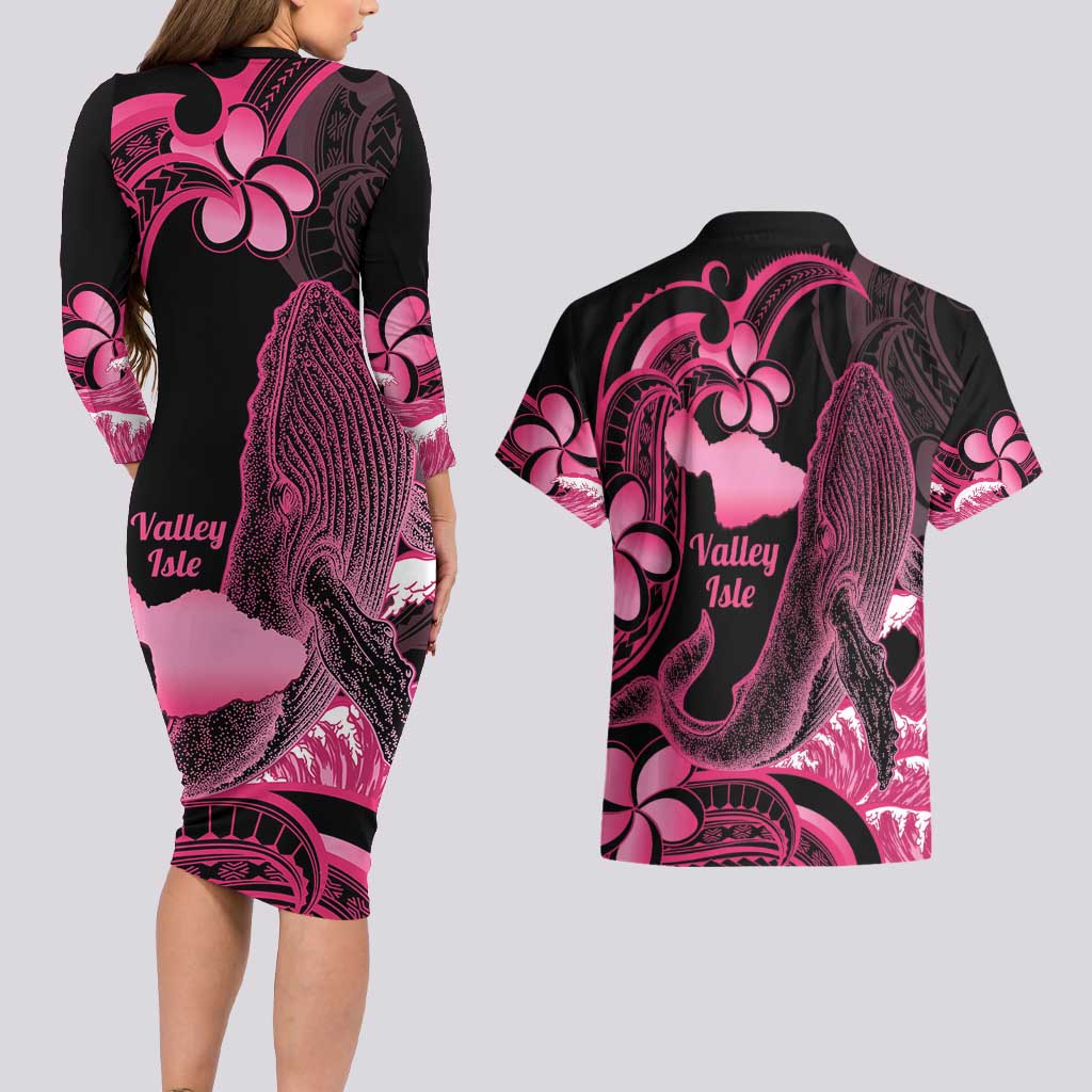 Aloha Hawaii Maui Couples Matching Long Sleeve Bodycon Dress and Hawaiian Shirt Valley Isle Humpback Whale Black LT14 - Polynesian Pride