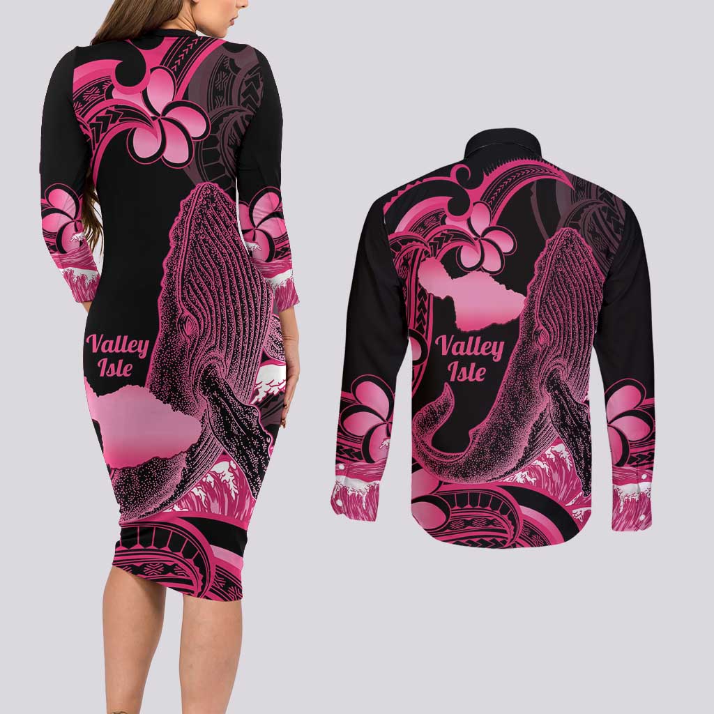 Aloha Hawaii Maui Couples Matching Long Sleeve Bodycon Dress and Long Sleeve Button Shirt Valley Isle Humpback Whale Black LT14 - Polynesian Pride