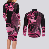 Aloha Hawaii Maui Couples Matching Long Sleeve Bodycon Dress and Long Sleeve Button Shirt Valley Isle Humpback Whale Black LT14 - Polynesian Pride