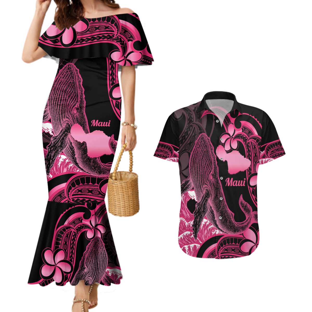 Aloha Hawaii Maui Couples Matching Mermaid Dress and Hawaiian Shirt Valley Isle Humpback Whale Black LT14 Black - Polynesian Pride