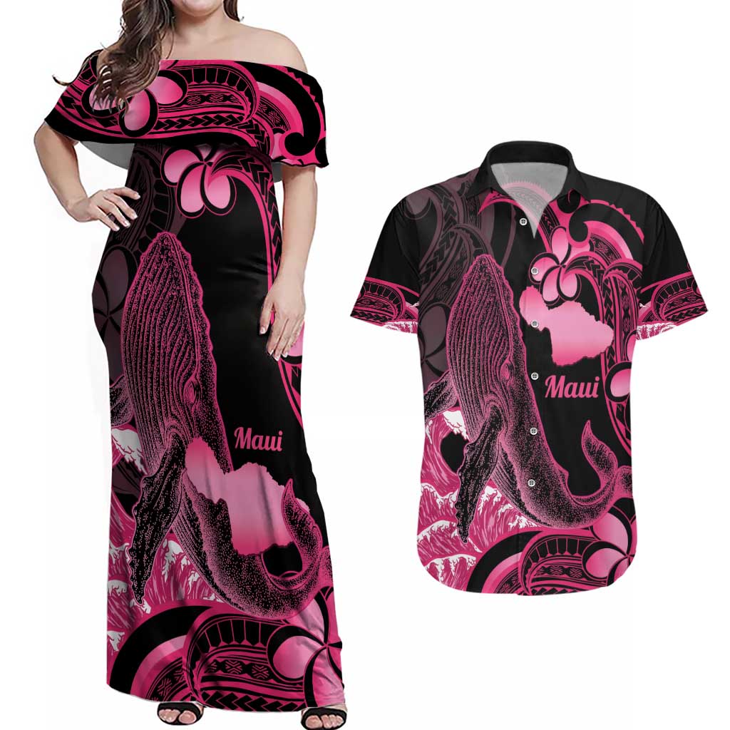 Aloha Hawaii Maui Couples Matching Off Shoulder Maxi Dress and Hawaiian Shirt Valley Isle Humpback Whale Black LT14 Black - Polynesian Pride