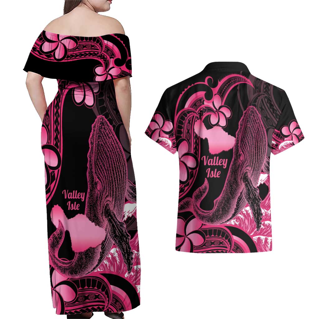 Aloha Hawaii Maui Couples Matching Off Shoulder Maxi Dress and Hawaiian Shirt Valley Isle Humpback Whale Black LT14 - Polynesian Pride