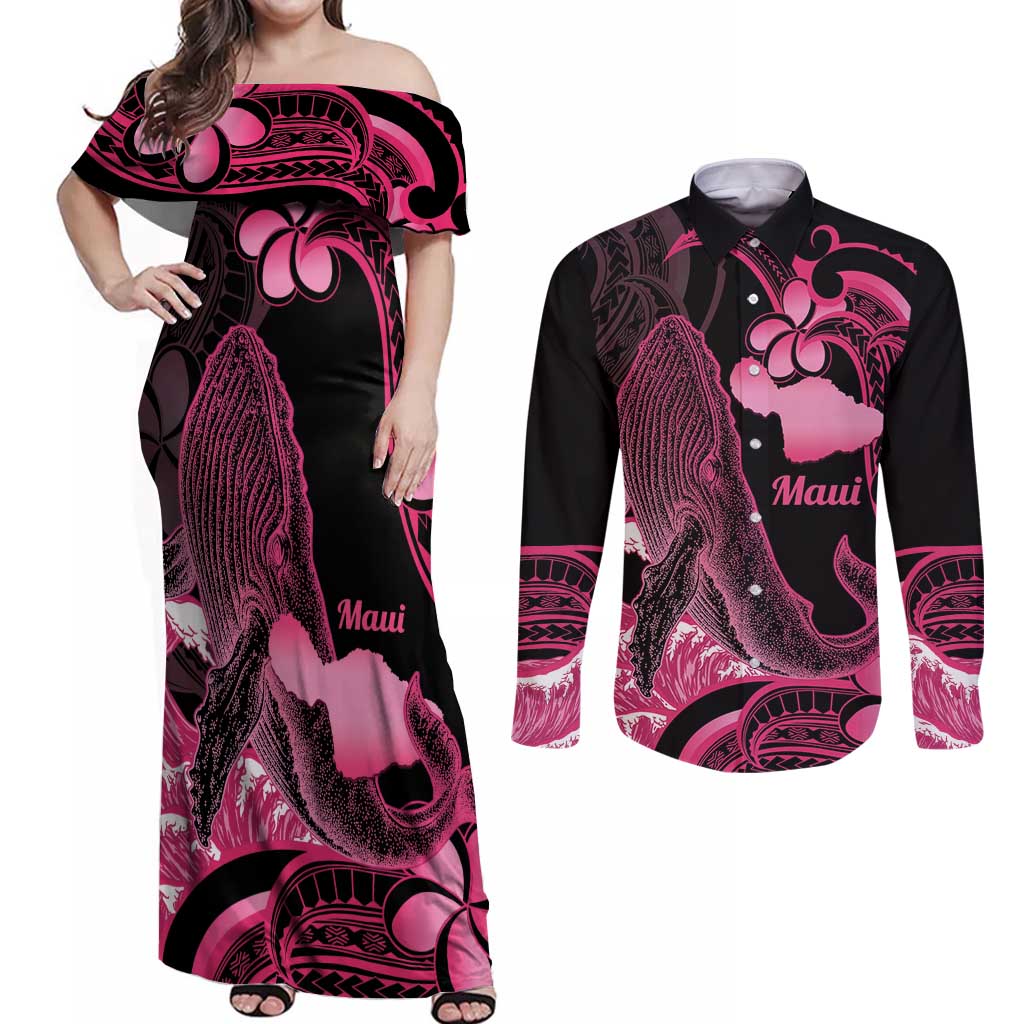 Aloha Hawaii Maui Couples Matching Off Shoulder Maxi Dress and Long Sleeve Button Shirt Valley Isle Humpback Whale Black LT14 Black - Polynesian Pride