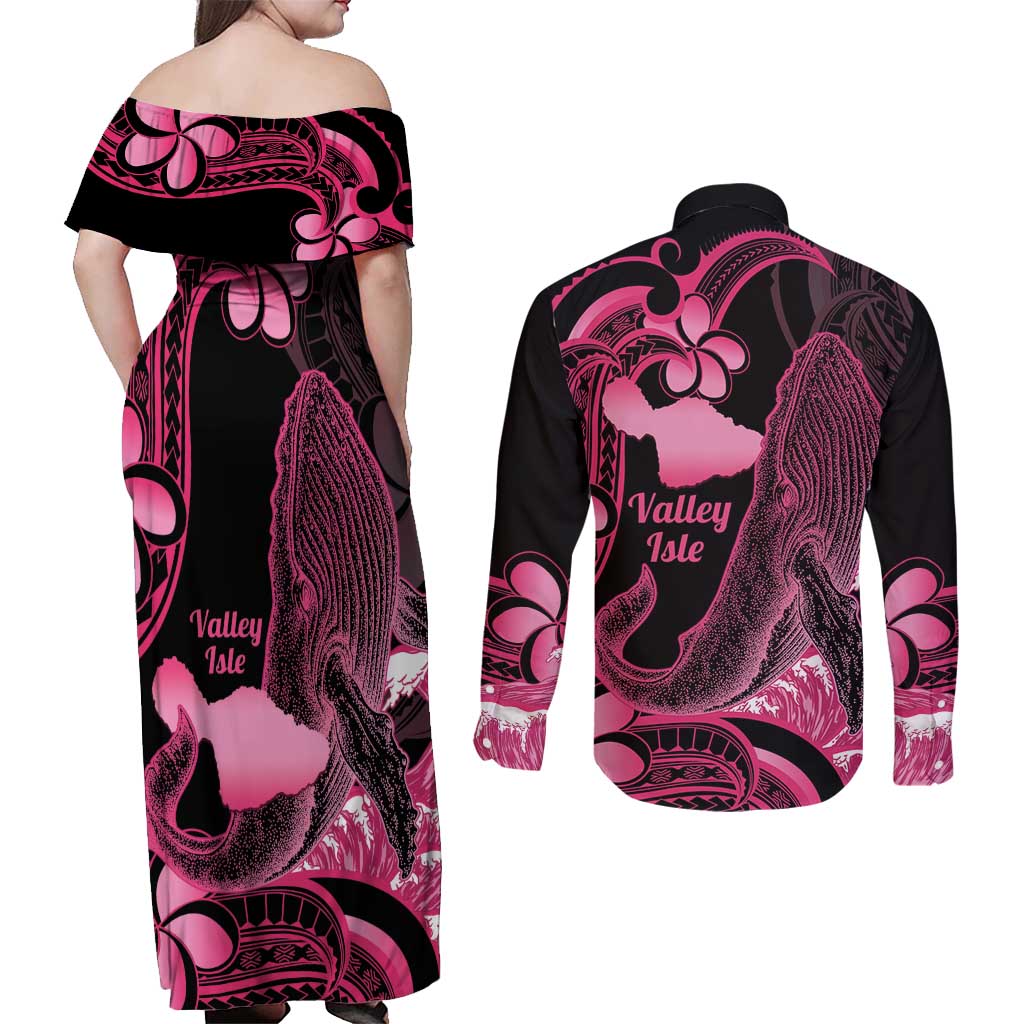 Aloha Hawaii Maui Couples Matching Off Shoulder Maxi Dress and Long Sleeve Button Shirt Valley Isle Humpback Whale Black LT14 - Polynesian Pride