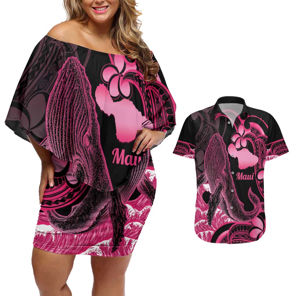Aloha Hawaii Maui Couples Matching Off Shoulder Short Dress and Hawaiian Shirt Valley Isle Humpback Whale Black LT14 Black - Polynesian Pride