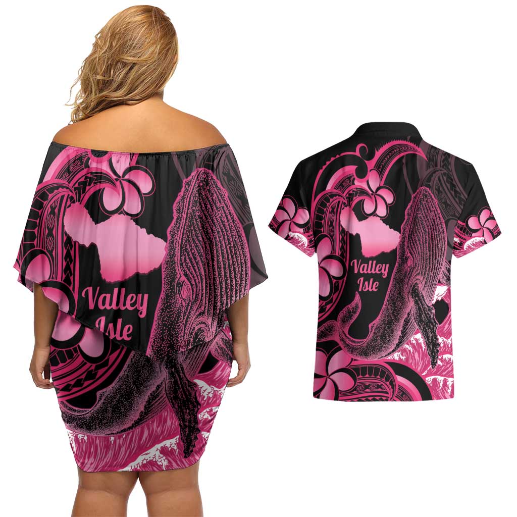 Aloha Hawaii Maui Couples Matching Off Shoulder Short Dress and Hawaiian Shirt Valley Isle Humpback Whale Black LT14 - Polynesian Pride