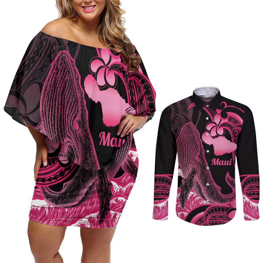 Aloha Hawaii Maui Couples Matching Off Shoulder Short Dress and Long Sleeve Button Shirt Valley Isle Humpback Whale Black LT14 Black - Polynesian Pride