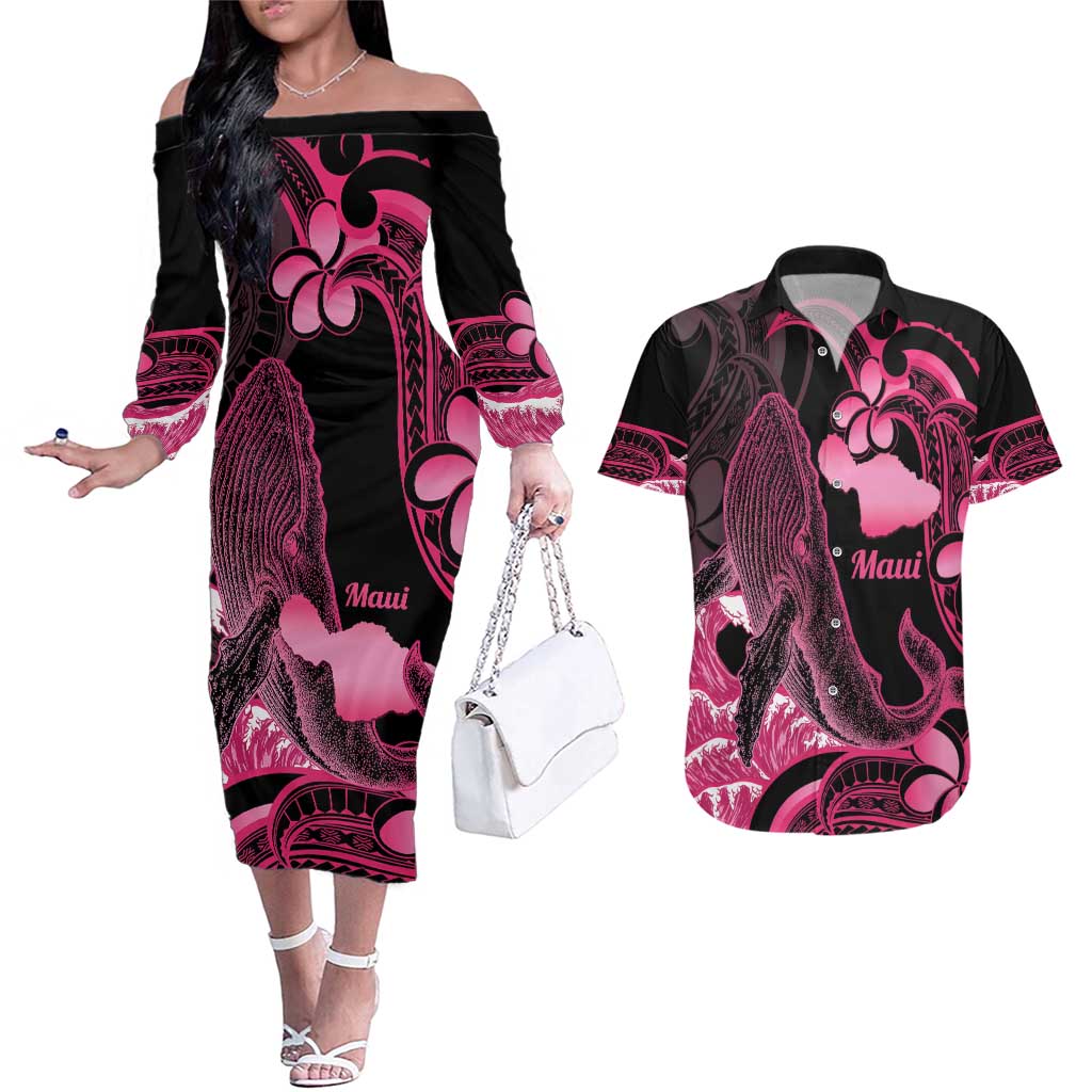 Aloha Hawaii Maui Couples Matching Off The Shoulder Long Sleeve Dress and Hawaiian Shirt Valley Isle Humpback Whale Black LT14 Black - Polynesian Pride