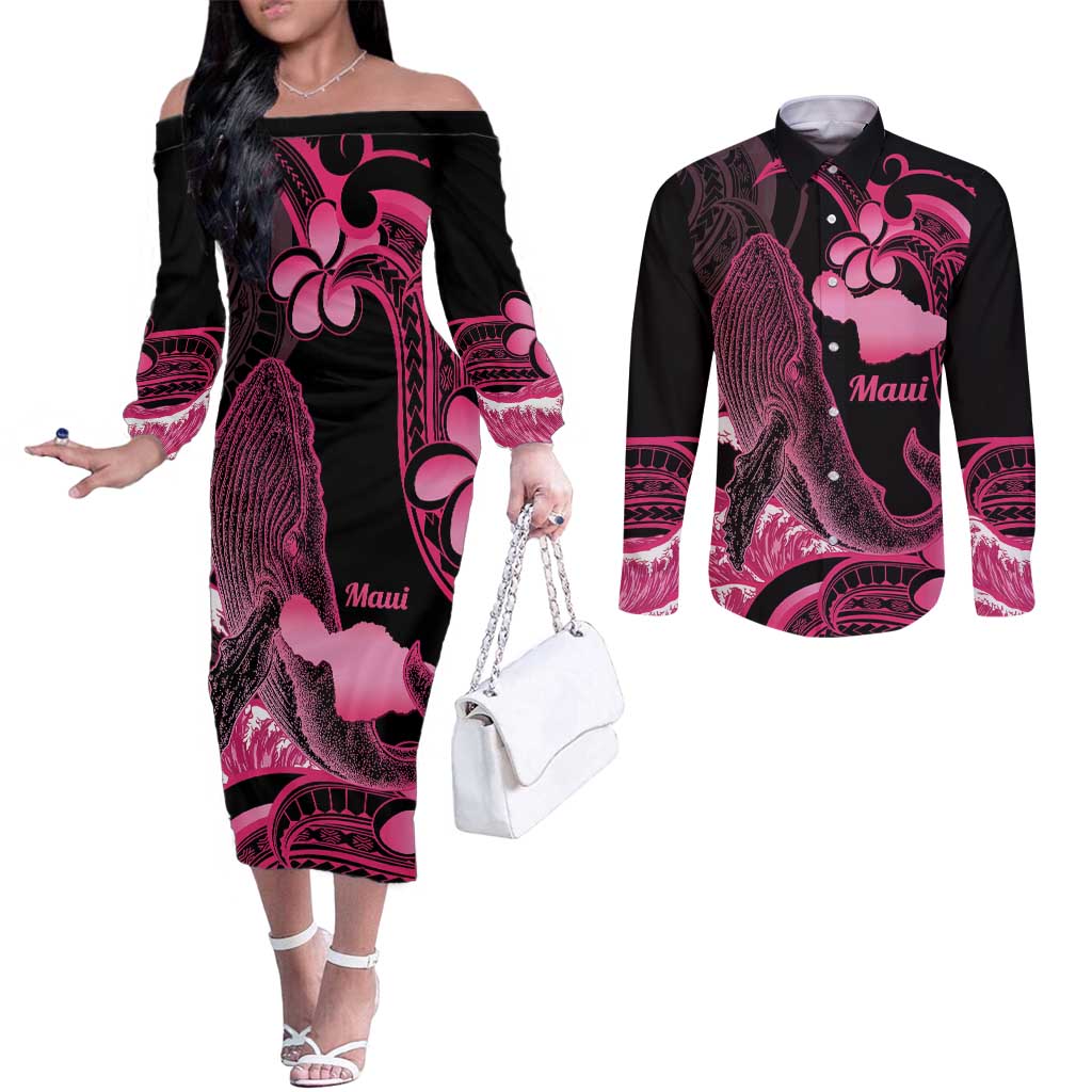Aloha Hawaii Maui Couples Matching Off The Shoulder Long Sleeve Dress and Long Sleeve Button Shirt Valley Isle Humpback Whale Black LT14 Black - Polynesian Pride