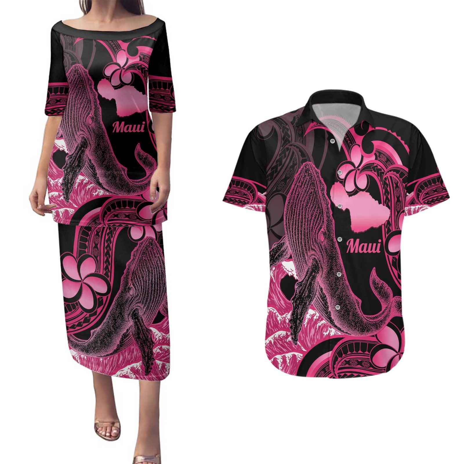 Aloha Hawaii Maui Couples Matching Puletasi and Hawaiian Shirt Valley Isle Humpback Whale Black LT14 Black - Polynesian Pride