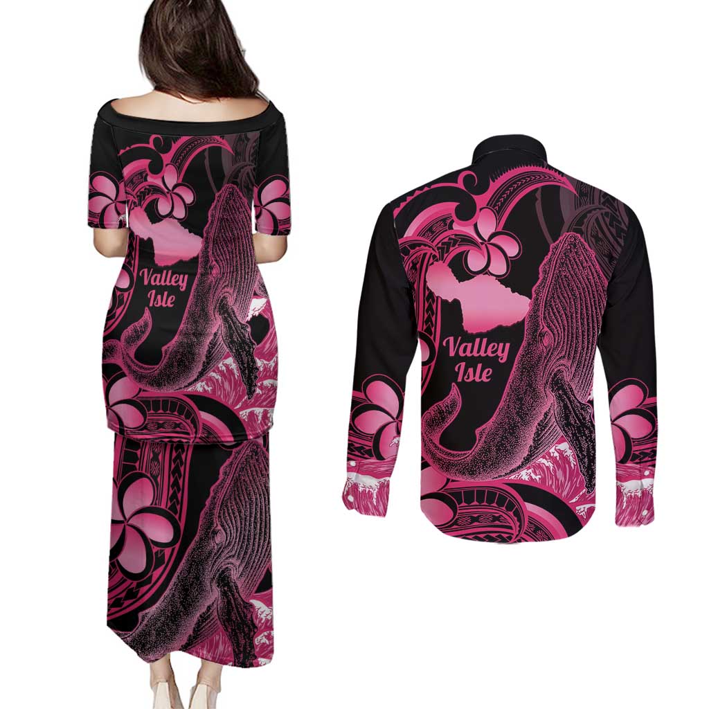 Aloha Hawaii Maui Couples Matching Puletasi and Long Sleeve Button Shirt Valley Isle Humpback Whale Black LT14 - Polynesian Pride