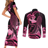 Aloha Hawaii Maui Couples Matching Short Sleeve Bodycon Dress and Long Sleeve Button Shirt Valley Isle Humpback Whale Black LT14 - Polynesian Pride